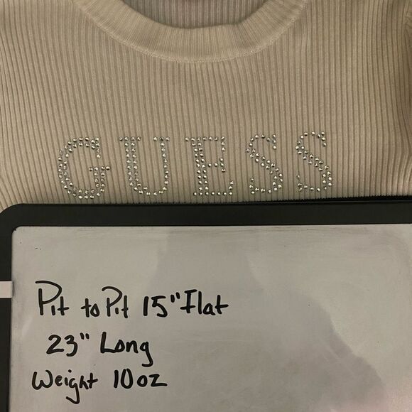 Guess Slim Fit Ribbed Knit Top Crew Neck Black Ivory Strip Bling Logo Y2K SZ SM - Picture 9 of 9